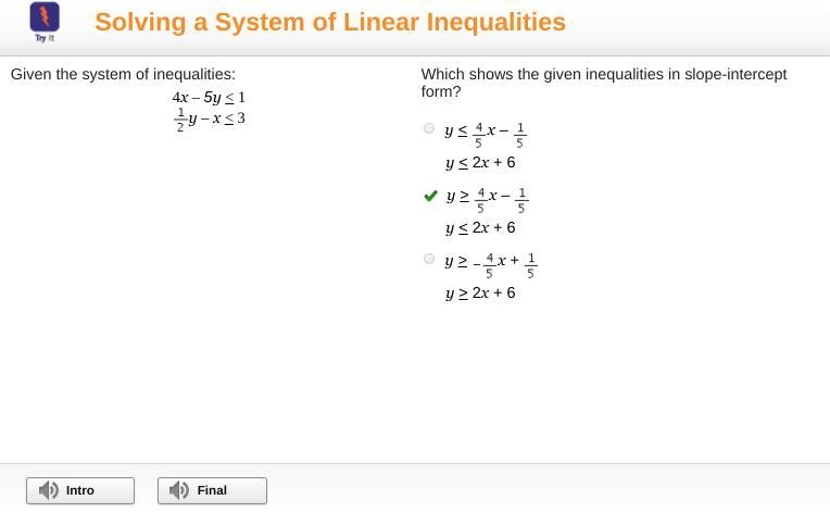 Given the system of inequalities: 4x – 5y < 1 y – x < 3 Which shows the given-example-1