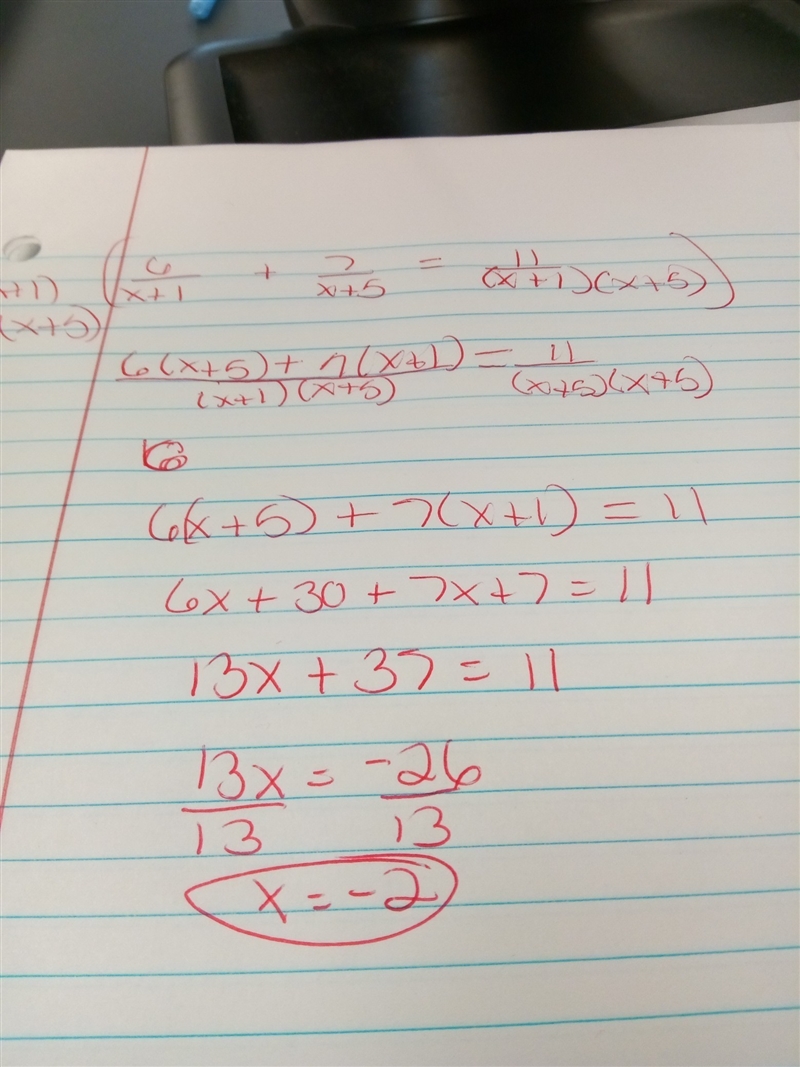 Solution to 6/(x+1) + 7/(x+5) = 11/(x+1)(x+5)?-example-1