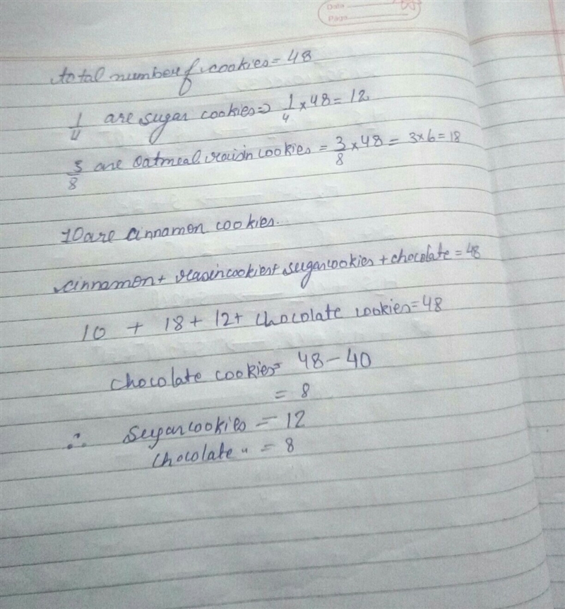 A variety pack of cookies contains 48 cookies. 1/4 of the pack is sugar cookies, 3/8 of-example-1