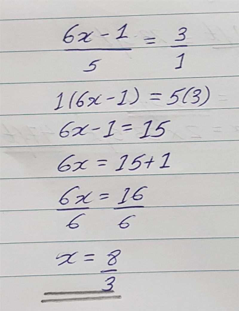 Solve and express the solution set in simplest form. 6x-1/5=3/1 {8/3} {5/2} {3/2} {5/3} plz-example-1