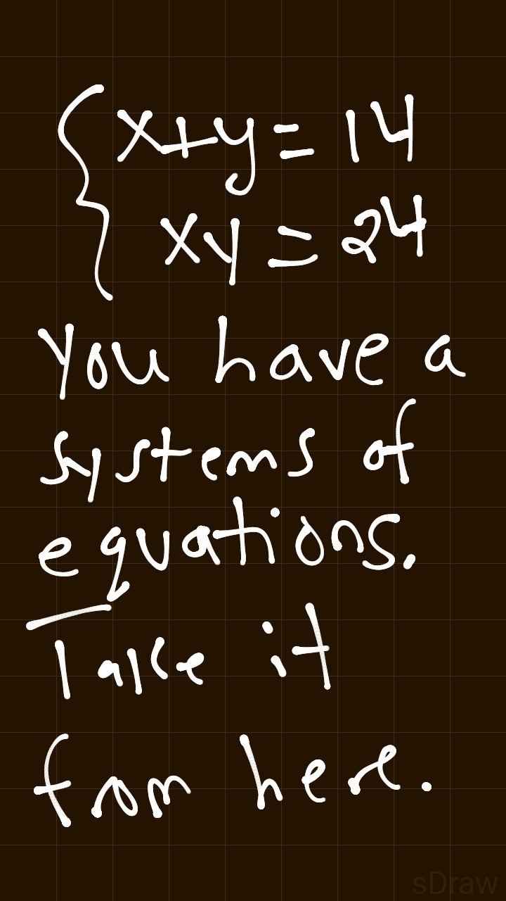 Two positive integers have a sum of 14 and a product of 24-example-1