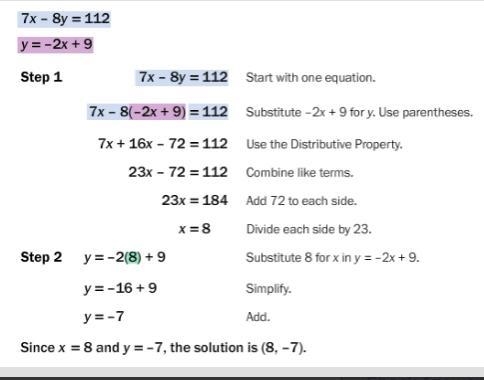 Solve for the system using substituion. 7x−8y=112y=−2x+9-example-1