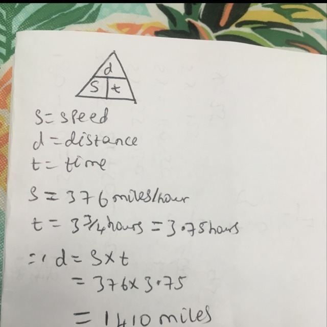 An airplane flew at an average speed of 376 miles per hour for 3 3/4 hours. How far-example-1