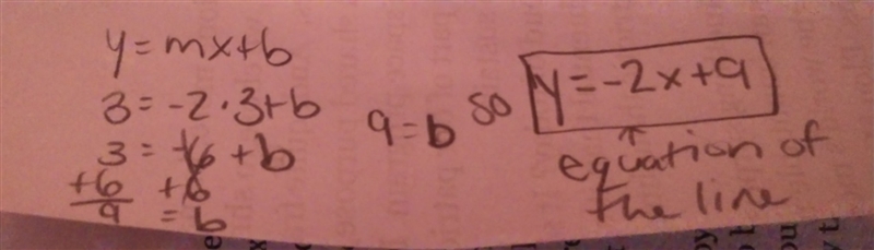 A line passes through the point (2, 3) and has a slope of -2. Which is the equation-example-1