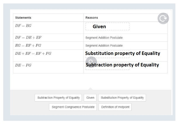 Drag a reason to each box to complete the proof. Given: DF=EG segment D G with points-example-2