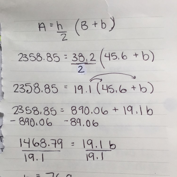 Find small b if A= 2358.85, h= 38.2 and B= 45.6-example-1