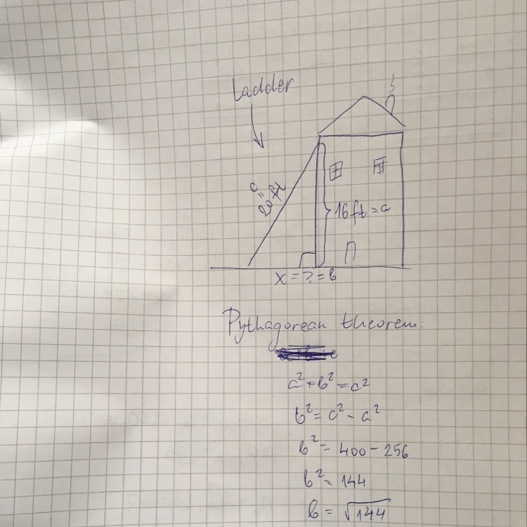 How far away from the base of the building is the bottom of the ladder located?-example-1