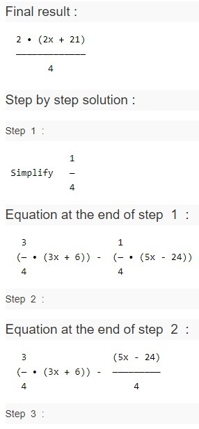 3/4(3x+6)−1/4(5x−24) x has no value, I just need help simplifying, thanks :)-example-1