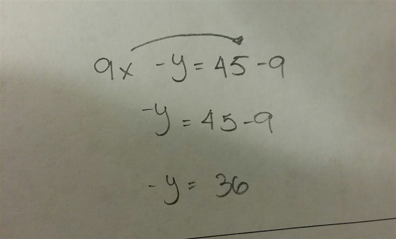 How to solve for y with 9x-y=45?? Help!!-example-1