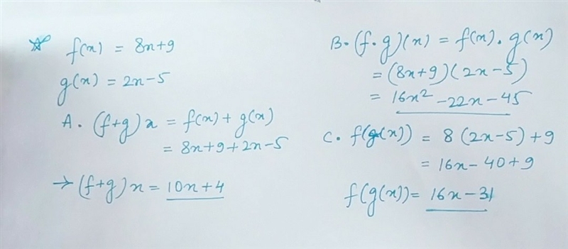 Use the functions f(x) = 8x + 9 and g(x) = 2x − 5 to complete the function operations-example-1