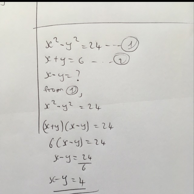 X^2-y^2=24 and x+y=6 x-y=?-example-1