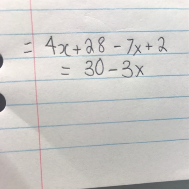 Multiply 4 (x + 7) -7x + 2-example-1