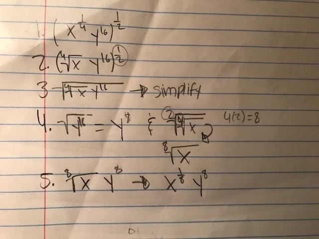 Which expression is equivalent to: (x^1/4 y^16)^1/2 ? A. X^1/2 Y^4 B. X^1/8 Y^8 C-example-1