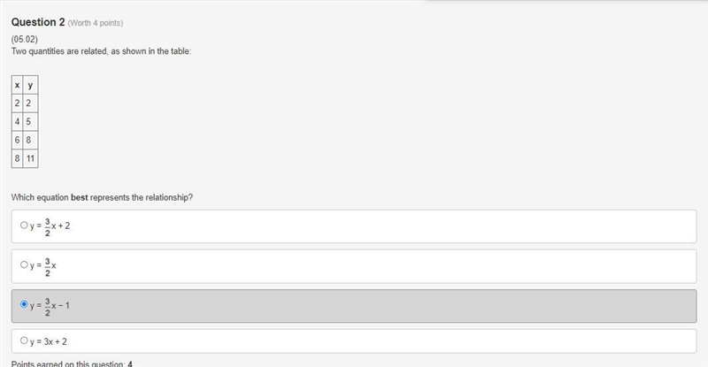 Two quantities are related, as shown in the table: x y 2 2 4 5 6 8 8 11 Which equation-example-1