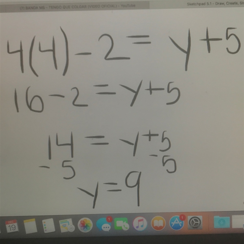 Find the value of y when x = 4 in the equation 4x - 2 = y + 5 Show your work help-example-1