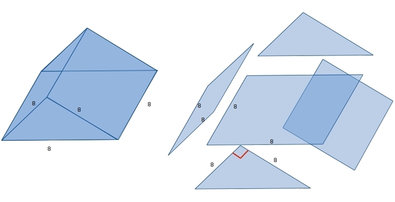 Each edge of a right triangular prism is 8 inches in length. What is the surface area-example-1