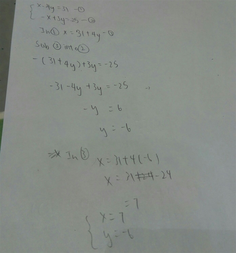 Find the solution of this system of equations x - 4y = 31, -x + 3y = -25-example-1