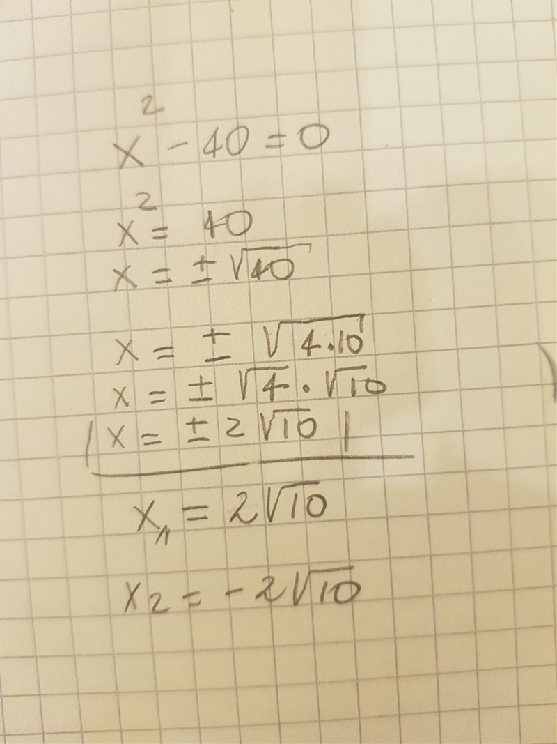 What are the solutions to the quadratic equation x^2-40=0-example-1