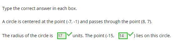 A circle is centered at the point (-7, -1) and passes through the point (8, 7). The-example-1