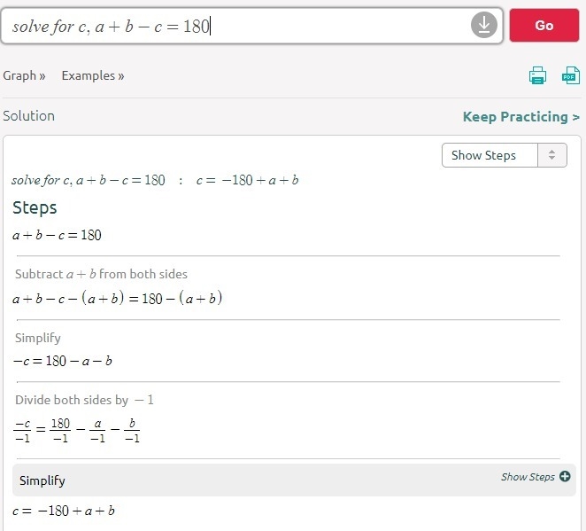 Solve for the equation a+b-c=180 for c-example-1