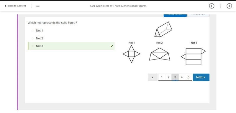 HELP PLS I AM STRUGGLING Which net represents the solid figure? Net 1 Net 2 Net 3-example-1