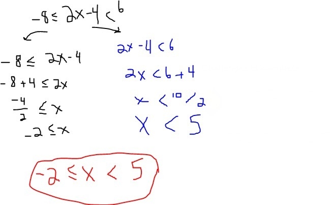 How do you solve the inequality -8 less than or equal to 2x -4 < 6-example-1