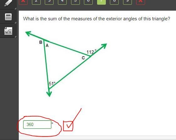 What is the sum of the measures of the exterior angles of this triangle?-example-1