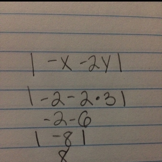 Evaluate |–x – 2y| for x = –2 and y = 3. 8 4 –8 –4-example-1