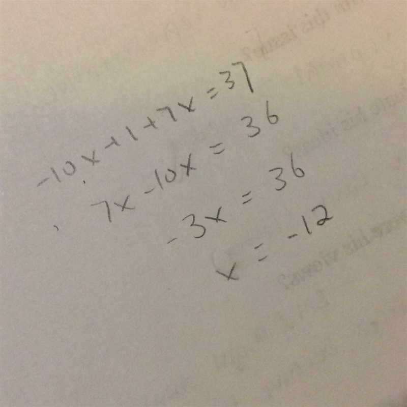 How do you solve this equation? −10x + 1 + 7x = 37-example-1