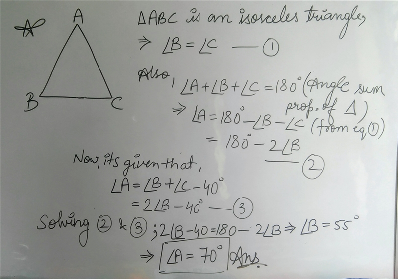 PLEASE HELP!!!!! The vertex angle of an isosceles triangle is 40 degrees less than-example-1