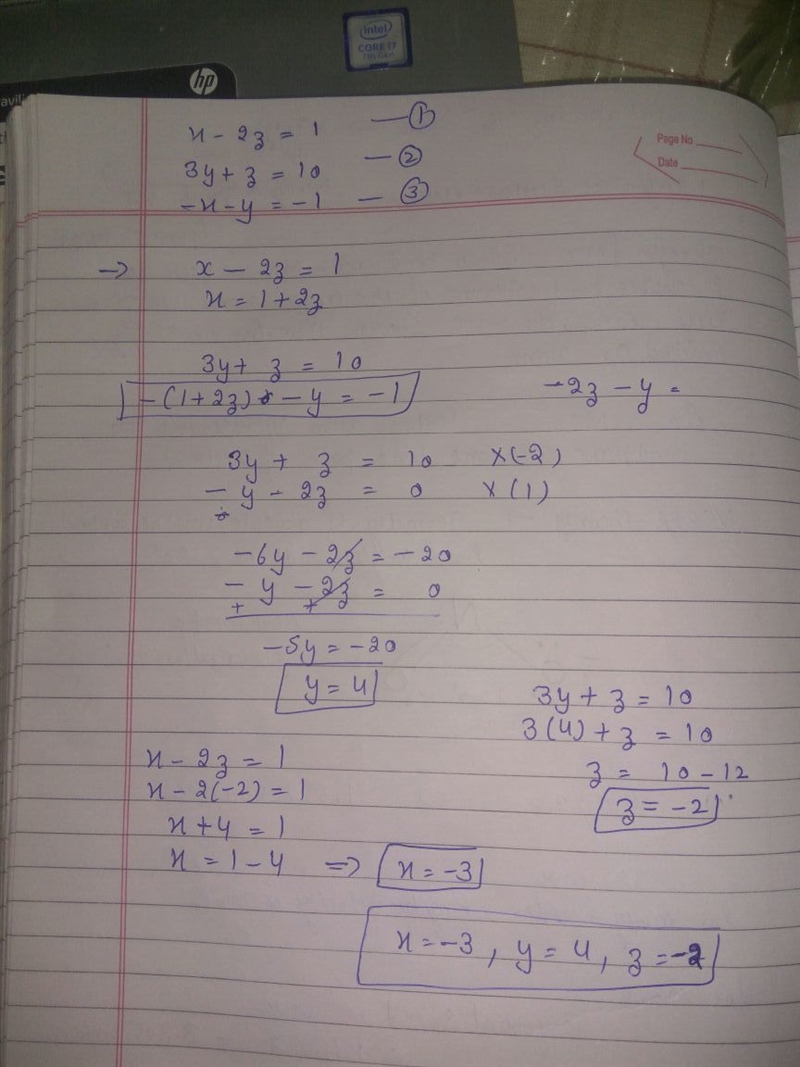 Which ordered triple is a solution to this system x - 2z = 1 3y + z = 10 -x - y = -1 a-example-1