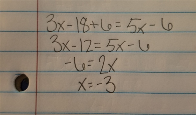 Use the distributive property to solve the equation 3(x-6)+6=5x-6-example-1