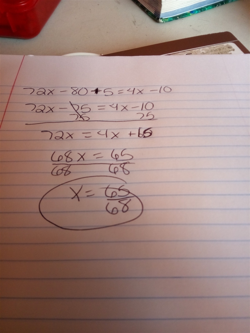 Solve for x. 8(9x - 10) + 5 = 4x - 10 If the answer is not an integer, enter the answer-example-1