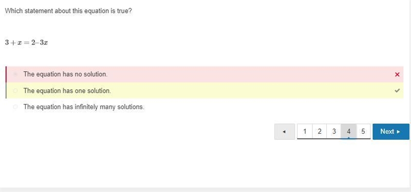 Which statement about the equation is true? 3+x=2–3x The equation has no solution-example-1