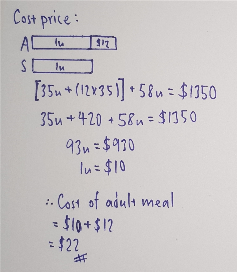 A culinary club earns $1350 from a dinner service. They sold 35 adult meals and 58 student-example-1