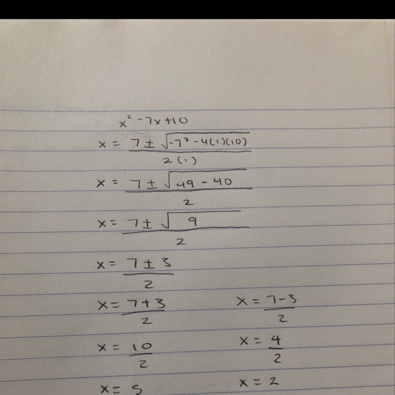 X^2-7×+10 solve for quadratic formula.-example-1