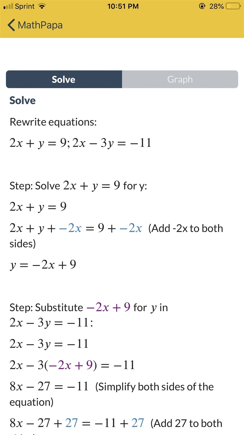 What is the answer to 2x-3y=11 2x+y=9-example-2