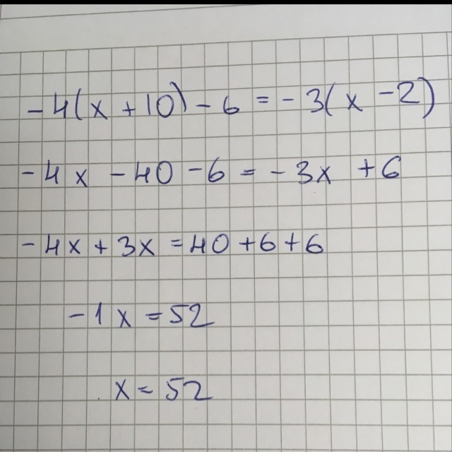 Solve −4(x + 10) − 6 = −3(x − 2).-example-1