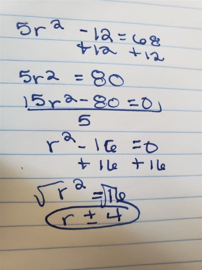 Solve 5r2 – 12 = 68. {±4} {±5} {±3} {±6}-example-1