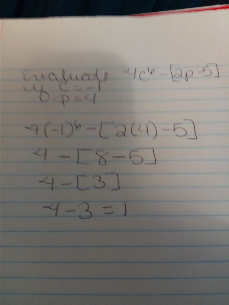 Evaulate 4c^6 -[2p-5] if c =-1 and p=4-example-2