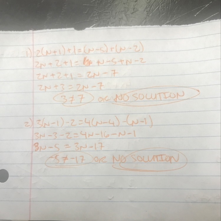 Solve these equations: 1. 2(n+1)+1=(n-5)+(n-2) 2. 3(n-1)-2=4(n-4)-(n-1)-example-1