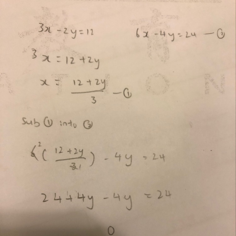 What is the solution to the following system of equations 3x-2y=12 6x-4y=24-example-1