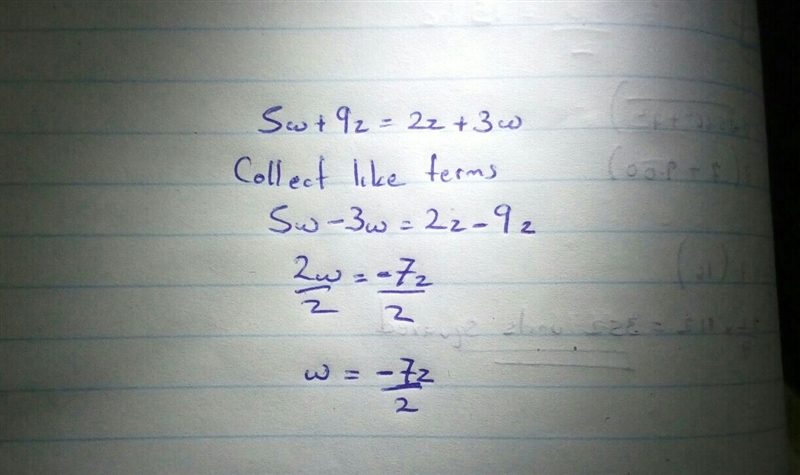 What is the value of w, when the equation is 5w + 9z = 2z + 3w-example-1