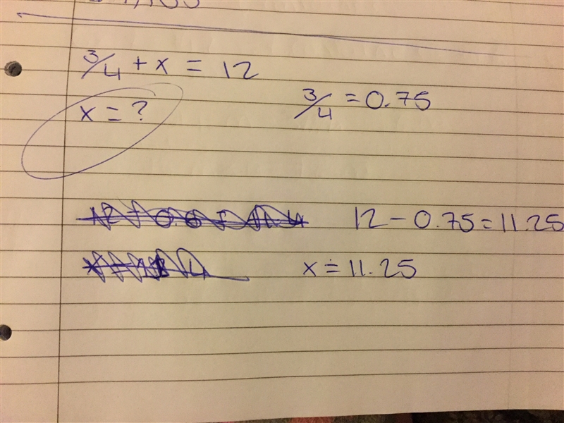 Solve for x. 3/4+x=12-example-1