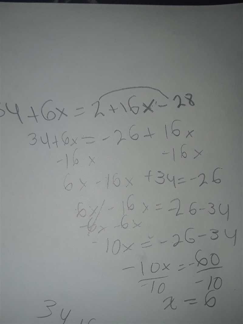 34 + 6x = 2 + 4(4x - 7)-example-1