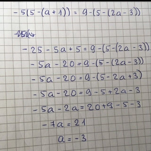 What is the solution to the equation -5(5-(a+1))=9-(5-(2a-3))?-example-1