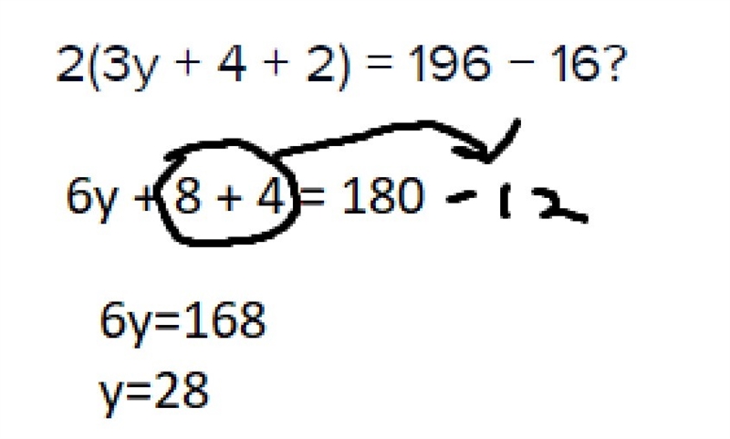 2(3y + 4 + 2) = 196 − 16? What is the value of Y? A 26 B 28 C 30 D 32-example-1