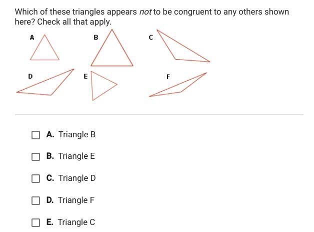 Which of these triangles appear not to be congruent to any other shown here?-example-1