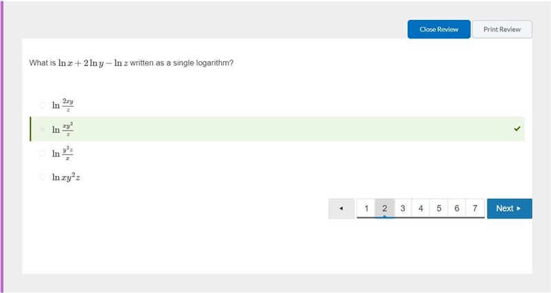 What is lnx+2lny−lnz written as a single logarithm?-example-1