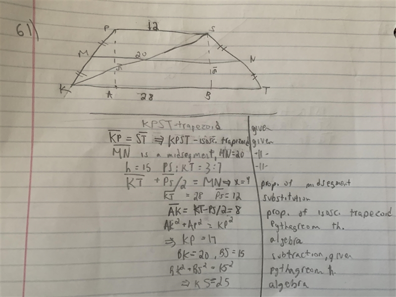 Given: KPST is a trapezoid, KP=ST, MN is a midsegment, MN=20, h=15, PS:KT=3:7 Find-example-1